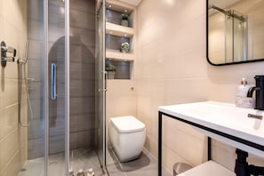 Shower, hair dryer, towels, shampoo
