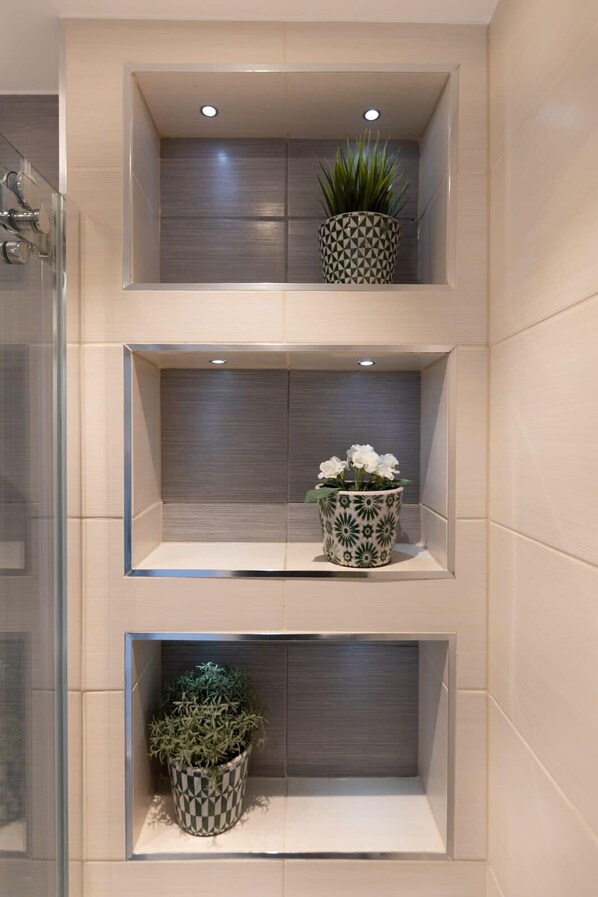 Shower, hair dryer, towels