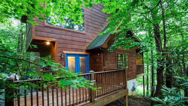 A wooden cabin with a blue door, surrounded by dense forest. - Whitetail Cabin 2 Bedroom Cabin by RedAwning (Gatlinburg)