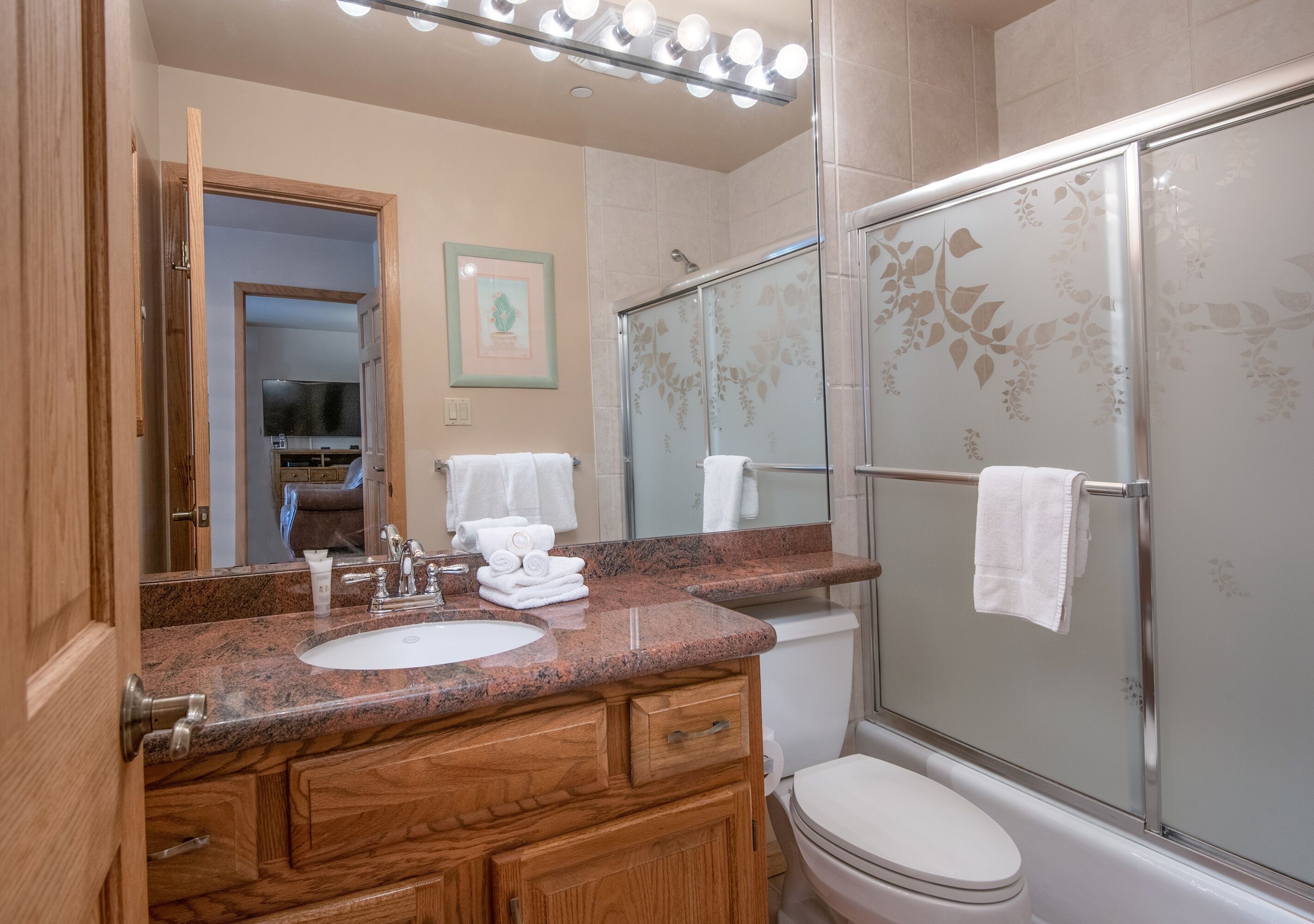 A bathroom with a granite countertop sink, wooden vanity, a glass shower enclosure, and a toilet.