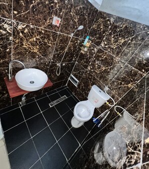Een douche, een bidet, zeep, toiletpapier
