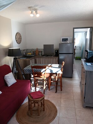 Un espace de vie compact comprenant un coin cuisine, un coin repas avec une table et des chaises, un canapé et un petit tapis.