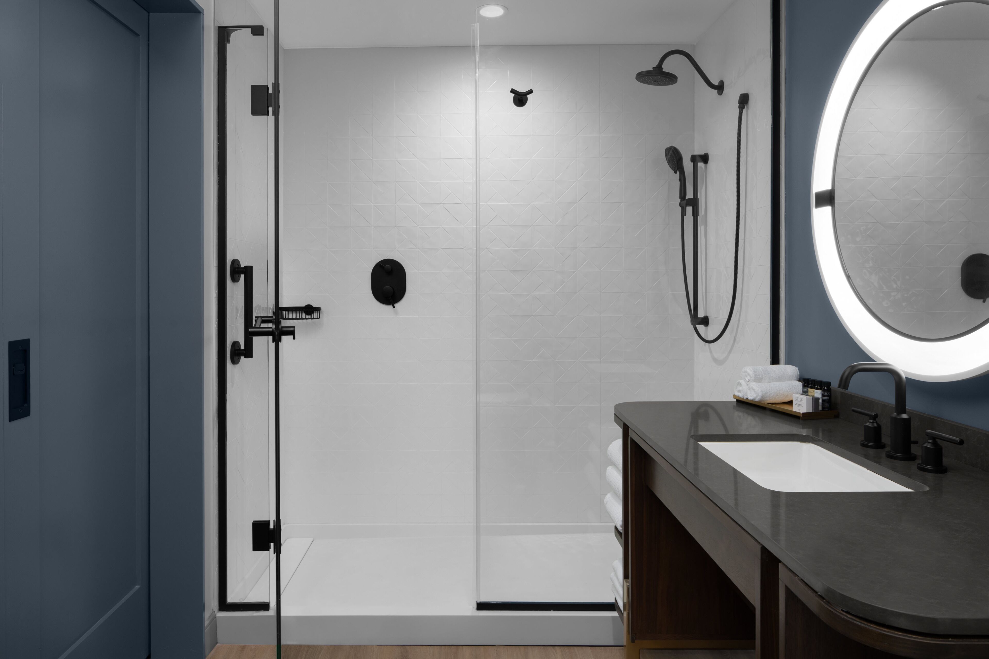 hair dryer, towels, soap, shampoo