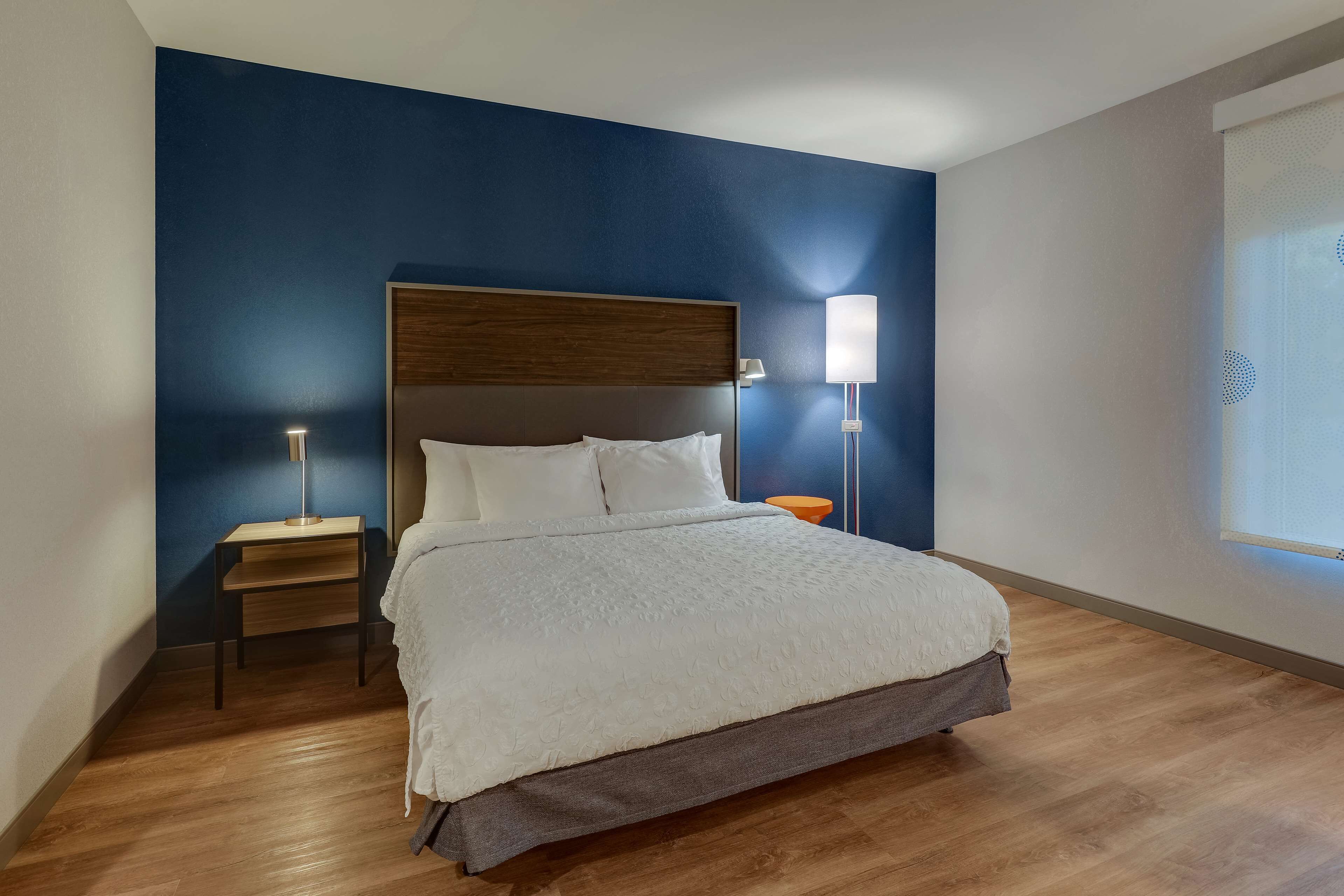 Una habitación de hotel moderna con una cama grande, suelo de madera y una pared de acento azul.