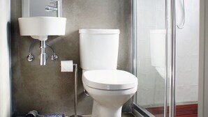 Un bagno moderno con toilette, lavandino e cabina doccia in vetro.