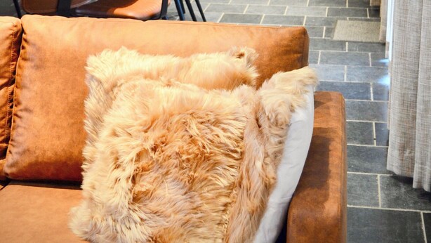 A modern living room with a brown leather sofa, a fluffy throw pillow, and a dining area with a wooden table and chairs. - Cozy holiday home 't Sevencoote - terrace - private parking (Gistel)