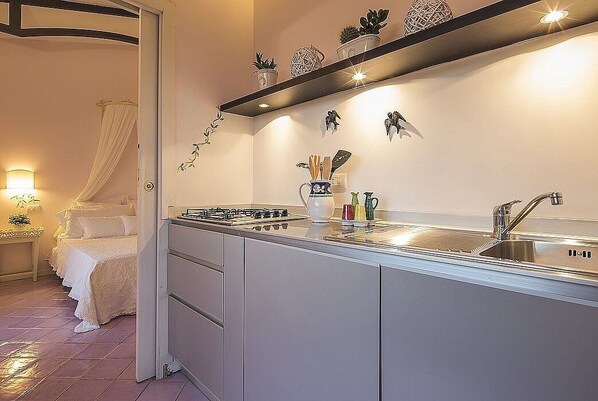 A modern kitchen with a built-in stove, a sink, and a shelf with decorative items.