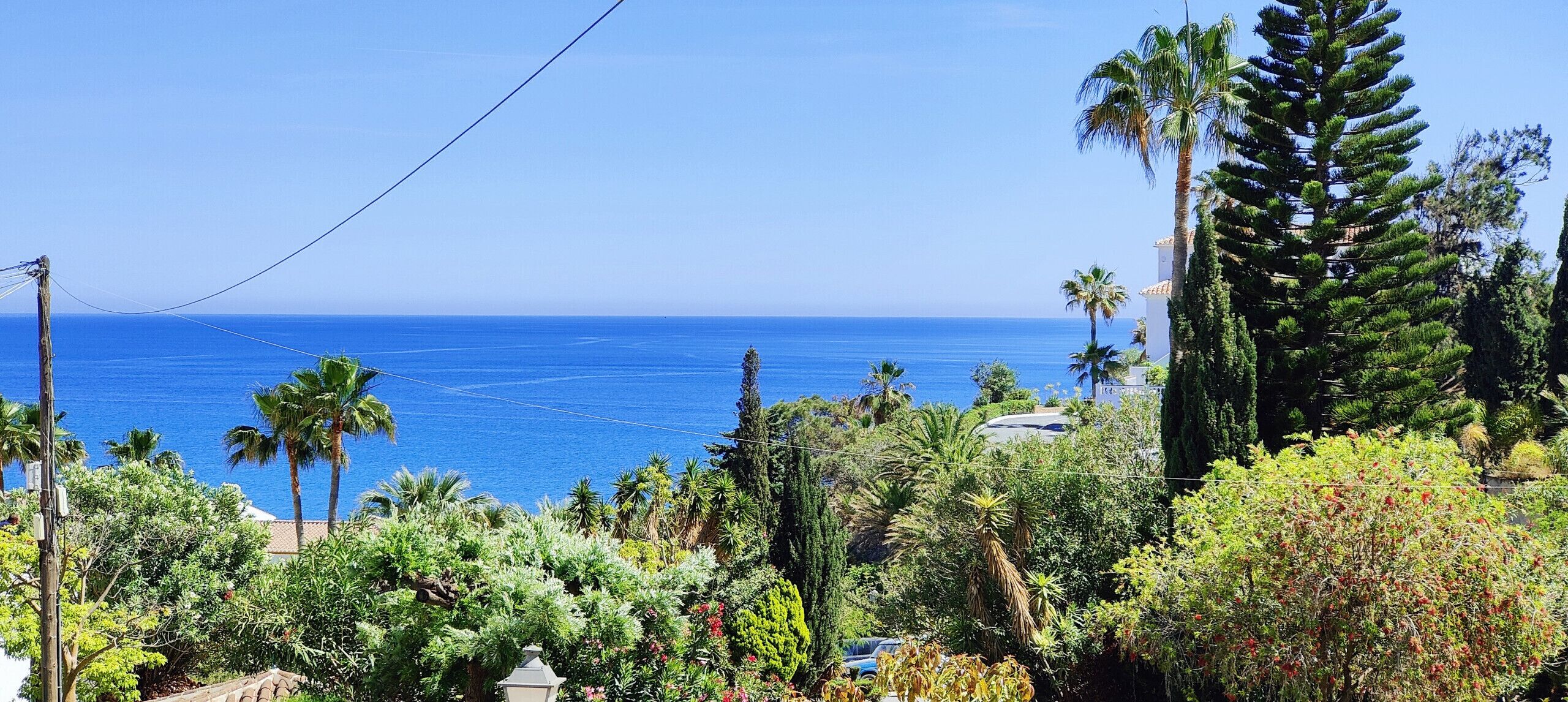 A coastal landscape with a view of the sea, dense greenery, and a clear sky.