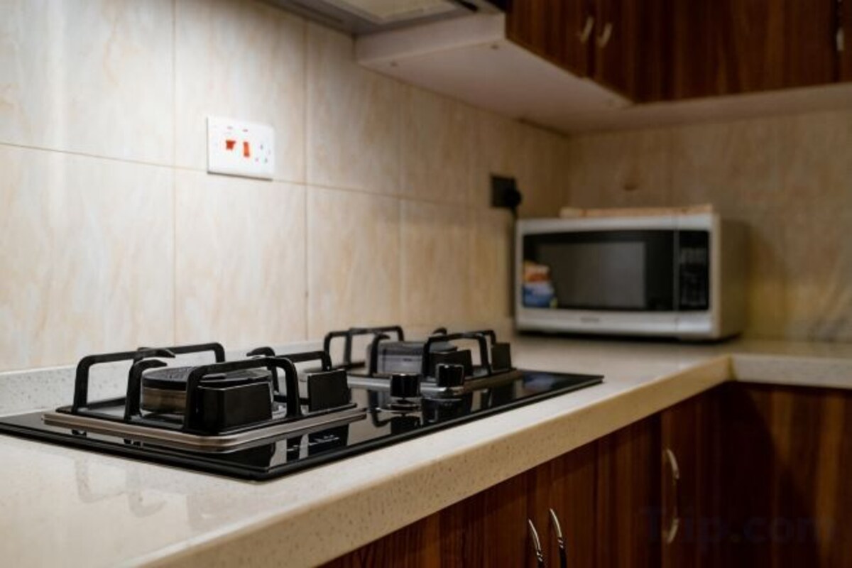 Full-size fridge, microwave, stovetop, toaster