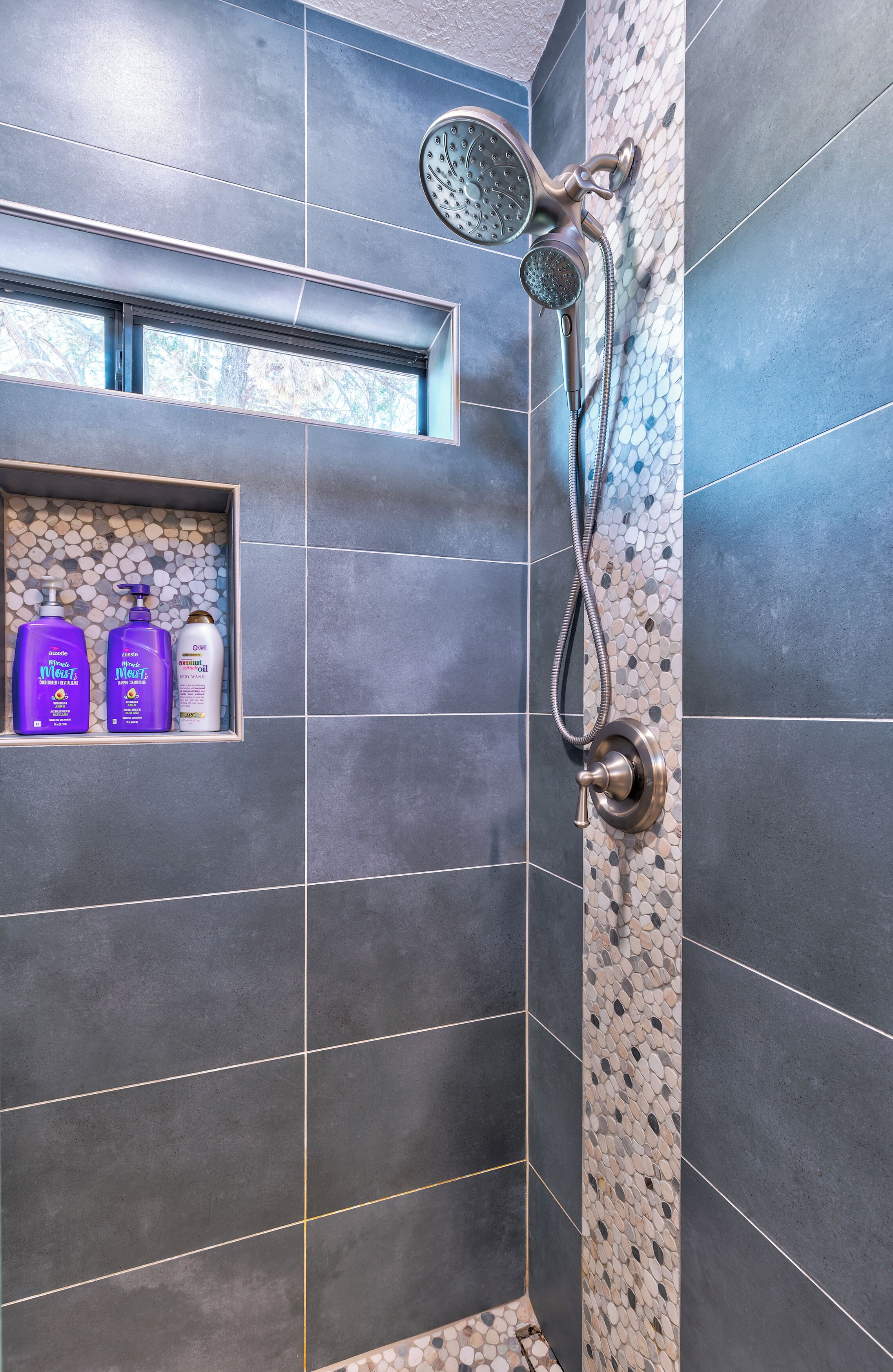 Hair dryer, towels, soap, shampoo