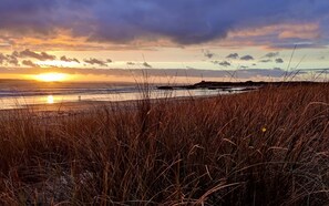 Ein Strand mit hohem Gras im Vordergrund und einem Sonnenuntergang über dem Meer.
