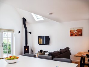 A modern living room with a fireplace, a flat-screen TV, a dining area with a table and chairs, and a painting on the wall.