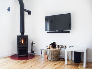A modern living room with a wood-burning stove, a flat-screen TV, a wicker basket, and a white table.