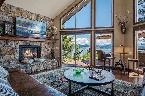 Smart TV, fireplace, books