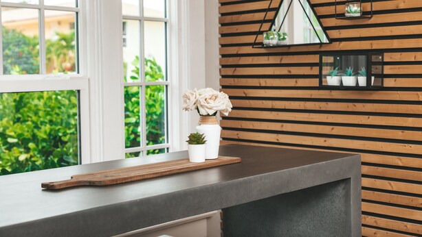 A modern kitchen with a wooden wall, a large window, and a countertop with a vase of flowers and a small plant. - Historic Waterfront 3/2 With Yard & Soaking Tub (Lake Worth)