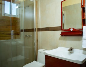 A bathroom with a glass shower enclosure, a toilet, a sink with a mirror, and a wooden vanity. - Incognito Vacation Stay (Kingston)