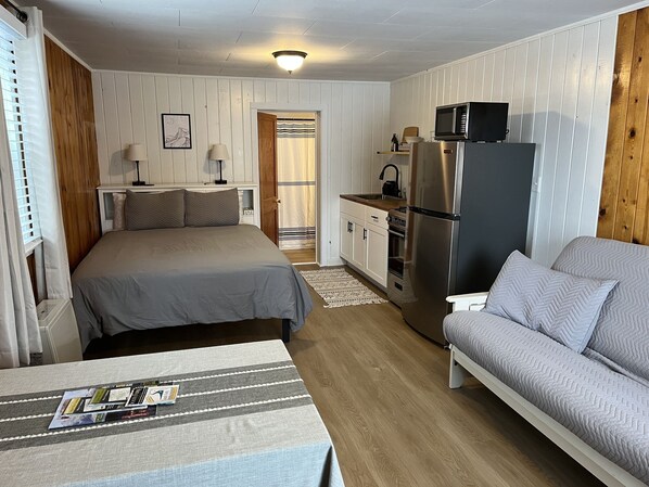 A compact room with a bed, a sofa, a small kitchenette, and a dining area.