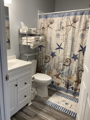 Shower, hair dryer, towels, toilet paper