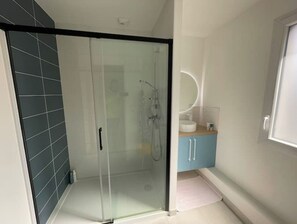 Shower, hair dryer, soap, toilet paper