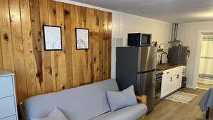 A cozy room with a wooden wall, a sofa, a refrigerator, and a microwave. - Cozy cabin #3 in mountains near Rio Grande River (South Fork)