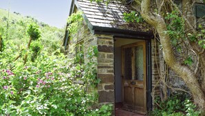 Une charmante maison en pierre avec une porte en bois, entourée d’une végétation luxuriante et de plantes en fleurs.