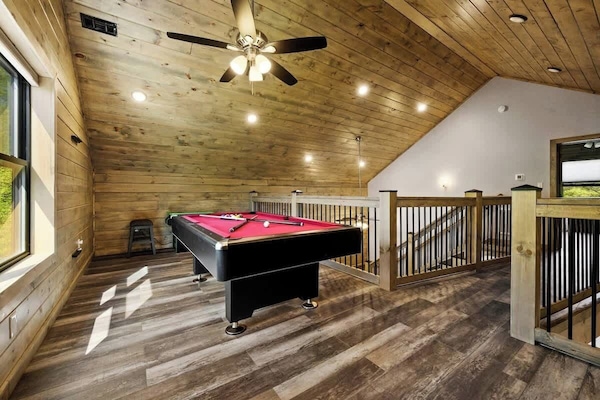 The gaming area is in the lofted upstairs space