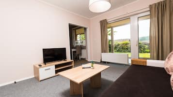 Smart-TV, Tischtennisplatte, Bücher