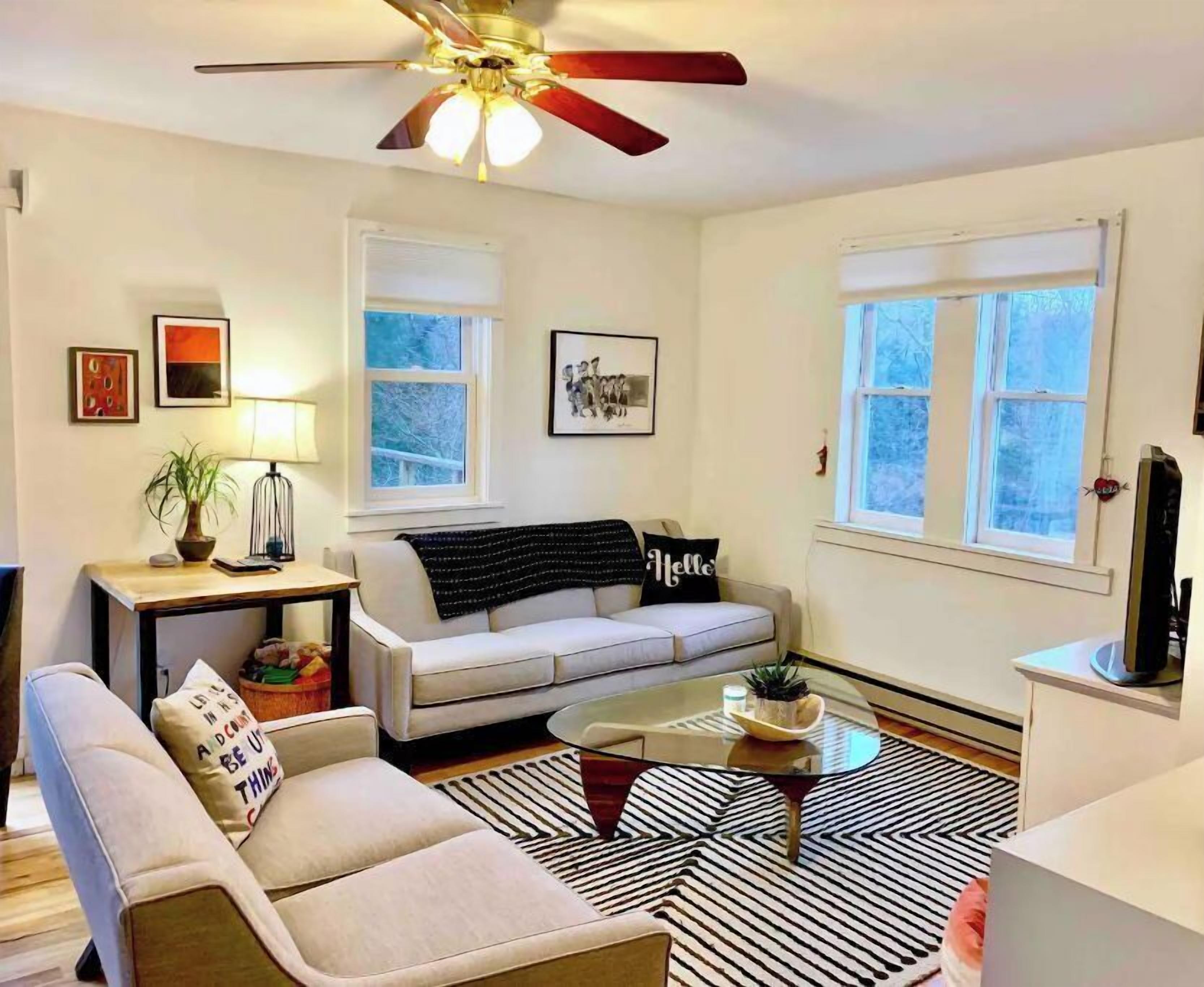 Älytelevisio, takka, DVD-soitin, kirjoja