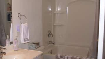 Combined shower/tub, hair dryer, towels, soap