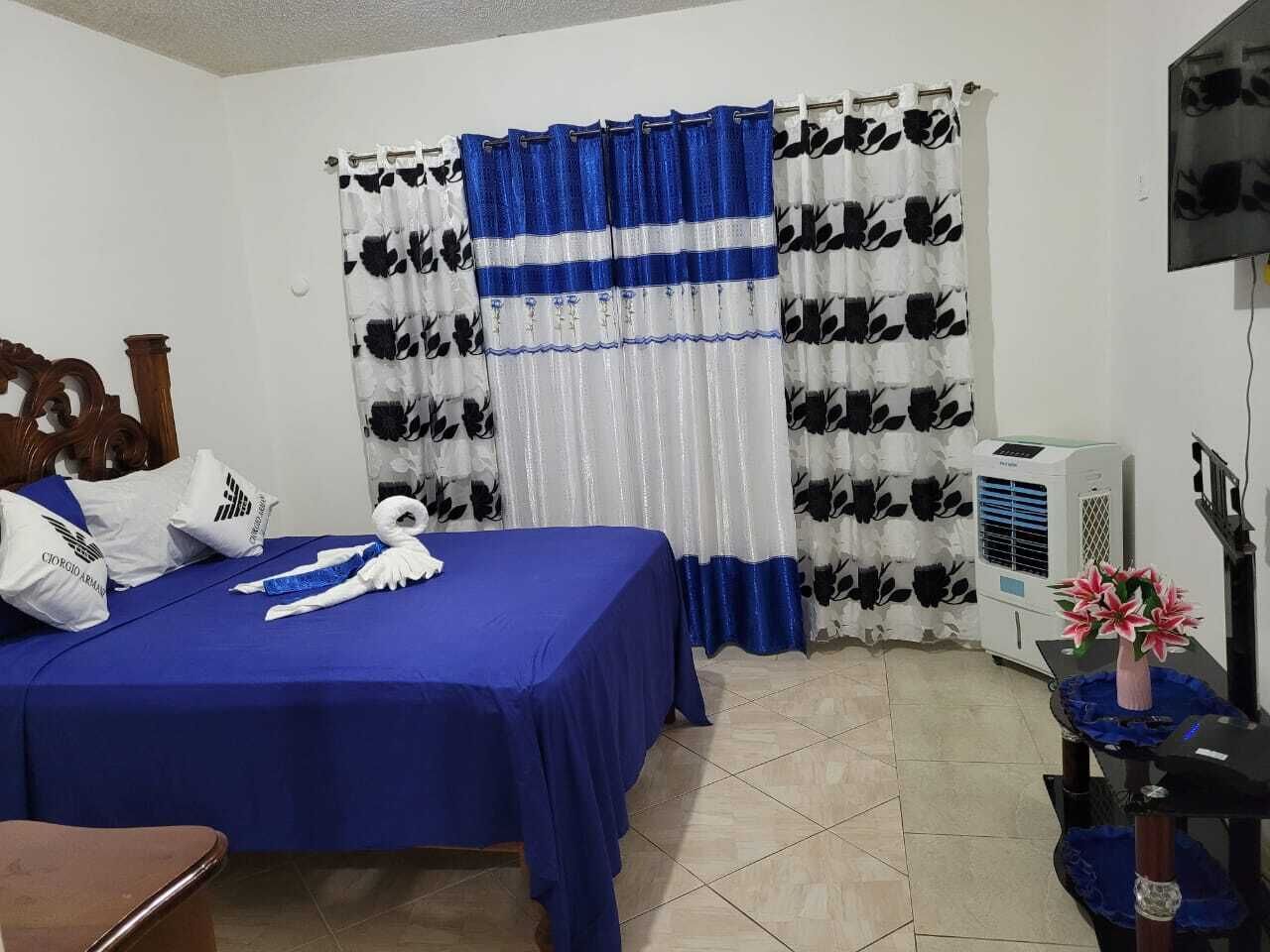 Een hotelkamer met een bed, een televisie, een airconditioner en een tafel met een bloevas.