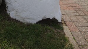 Uma pedra branca com o texto "SKANDIA" gravado, colocada na grama ao lado de um caminho pavimentado.