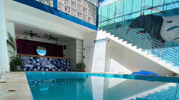 A swimming pool with a clear blue water surface, a staircase with a blue handrail, and a mural of a whale on the wall. - Estancia del Agua (Xul-Ha)