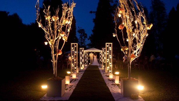 Salón de bodas al aire libre con un pasillo decorado, árboles en macetas y una estructura tipo dosel.