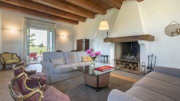 Smart-TV, Kamin, Tischtennisplatte, Bücher