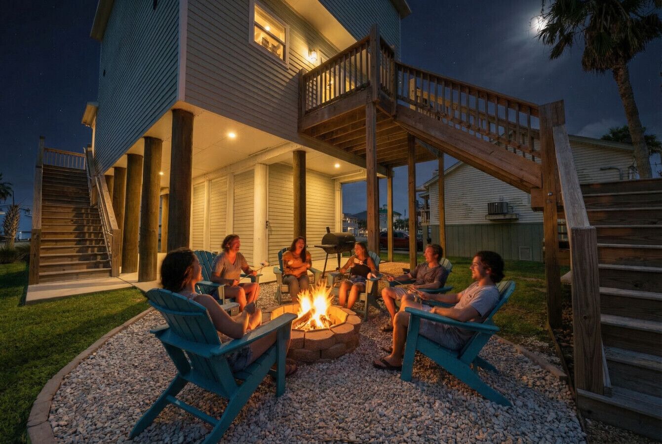 A group of people sitting around a fire pit on a patio with a wooden deck and stairs leading to a house.