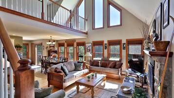 Tv, eldstad, ett musikbibliotek och ett filmbibliotek