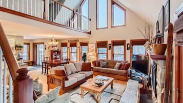 TV, fireplace, music library, video library