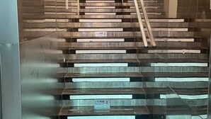A staircase with a blue carpet marked "106 cm" and a sign indicating the direction to the elevator. - metacity living (Kowloon)