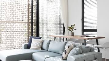 2BR Apartment (Rambam #3 St.) | Living area | 45-inch TV with cable channels