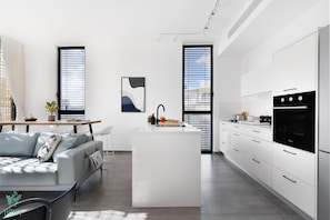2BR Apartment (Rambam #3 St.) | Private kitchen | Full-size fridge, microwave, oven, cleaning supplies