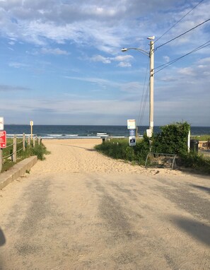 A sandy beach path leading to the ocean with a signboard and a bird on a pole.