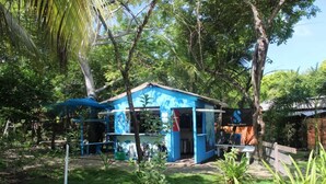 A small, blue building with a sloped roof, surrounded by lush greenery and trees. - Las Palmeras (Rosario Islands)
