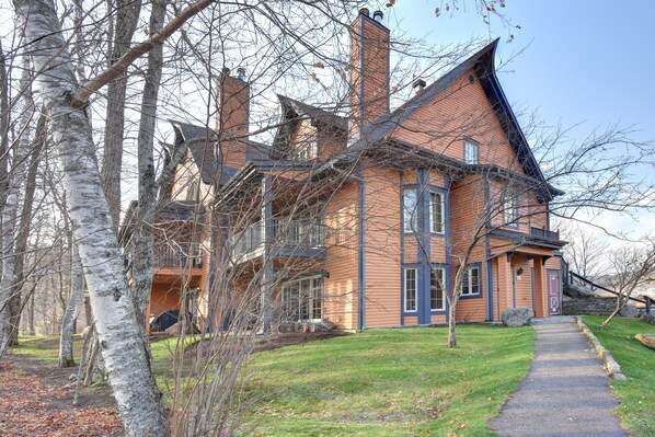 A large, two-story house with a prominent chimney, surrounded by a well-maintained lawn and birch trees.