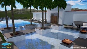 A modern pool area with lounge chairs, a fire feature, and palm trees.