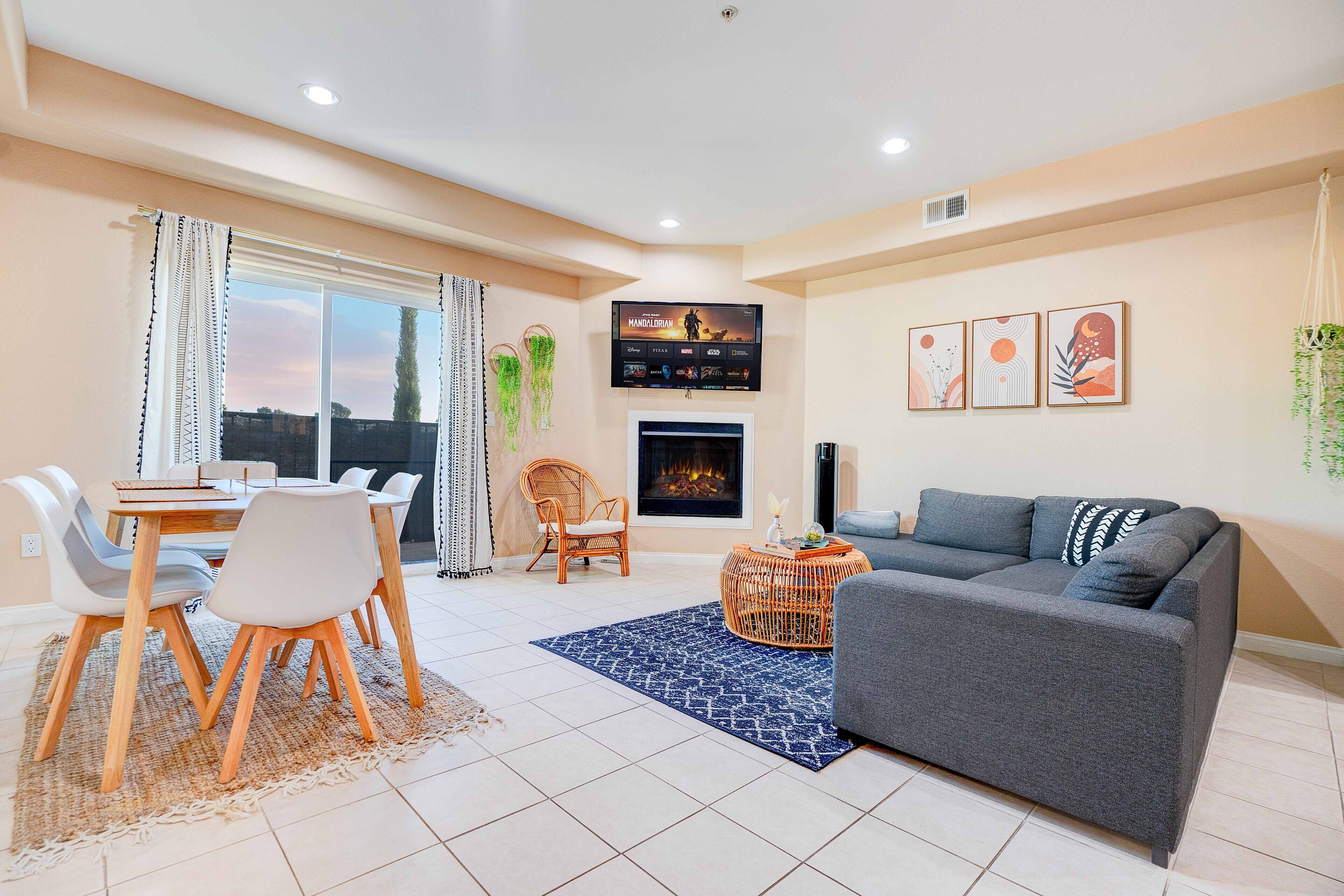 Smart TV, fireplace, video library