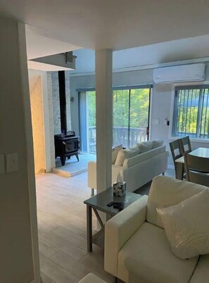 Una Smart TV, una chimenea, libros, una pantalla de ordenador