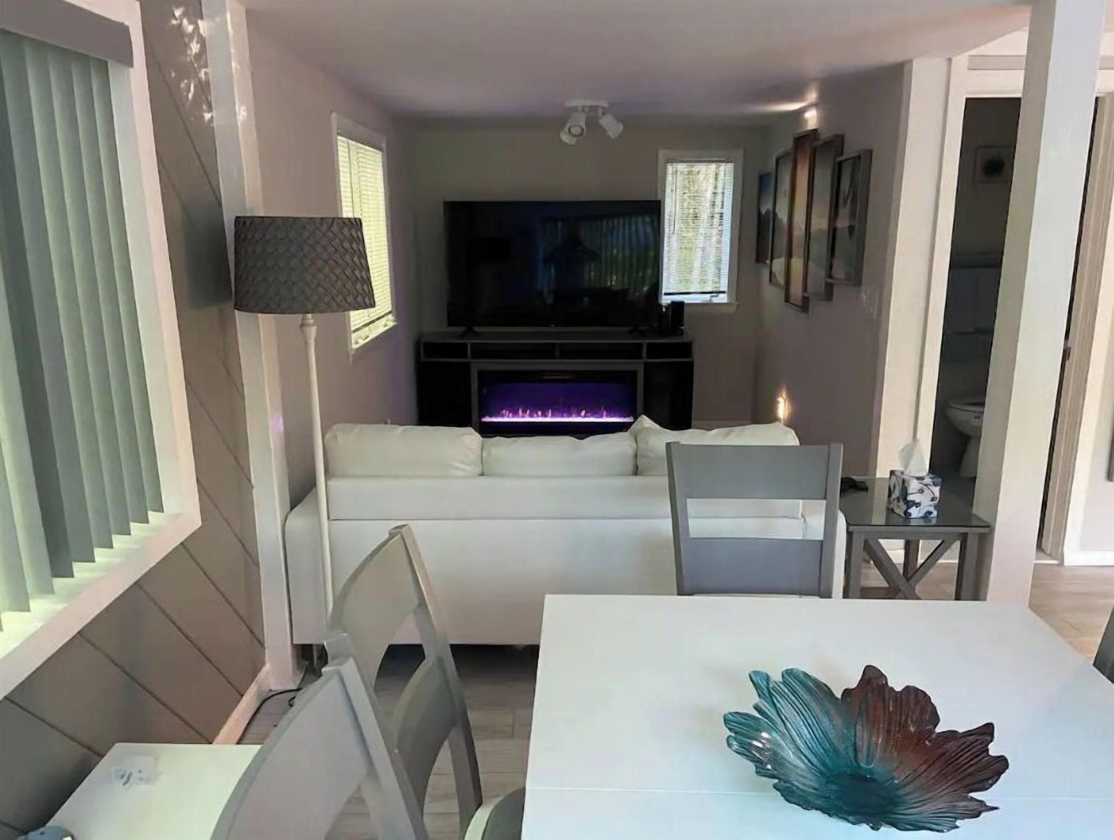 Een smart-tv, een open haard, boeken en een computerscherm