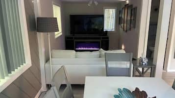 Smart TV, fireplace, books, computer monitors