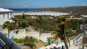 A coastal view with a beach, palm trees, and a white fence.