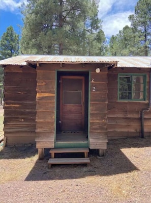 Una pequeña cabaña de madera con una puerta y una ventana, rodeada de árboles.